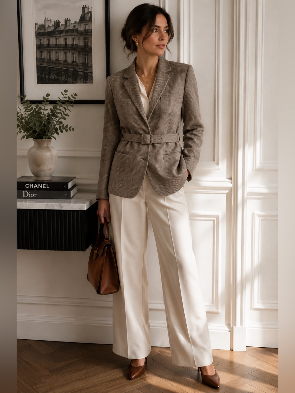 Guy Laroche Taupe Plaid Belted Wool Blazer Jacket